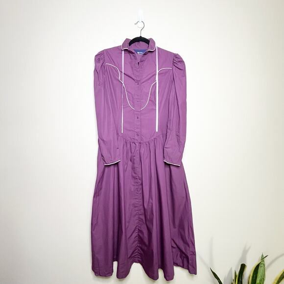 Vintage 70s Prairie Cottage Core Purple Collared Piping Pioneer Midi Dress Med - Picture 1 of 10